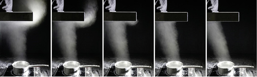 



3
 Exemplarische Auswertung der Wrasenerfassung (von links: Dunstabzugshaube ausgeschaltet, Stufe 1, Stufe 2, Stufe 3, Stufe 4). Ab der Lüfterstufe 2 erreichte die Wandhaube eine vollständige Erfassung des Wrasens.
