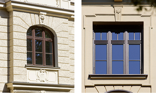 



Die unterschiedlichen Fensterformen lieferte Kneer-Südfenster im System HF 82 Effizient Stil – mit Segmentbögen, aufgesetzten Sprossen, Zierfräsungen und angepassten Profilgeometrien.

