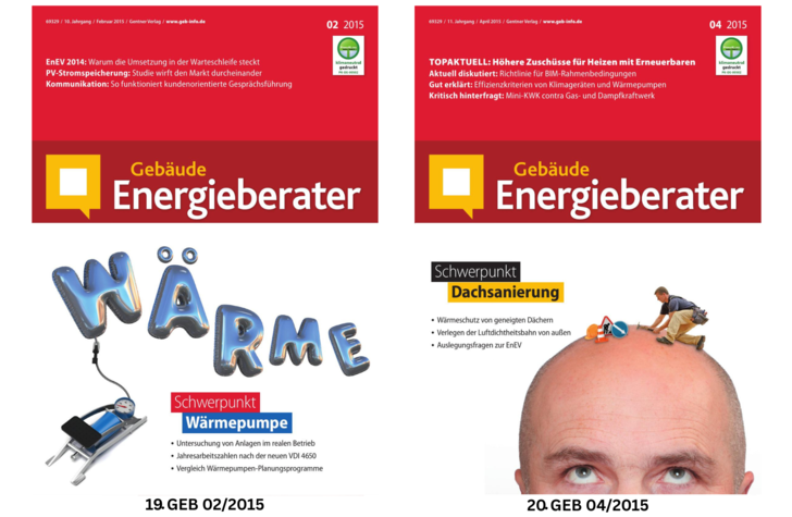 Zwei Titelseiten der Zeitschrift "Gebäude Energieberater" mit den Themen Wärmepumpen und Dachsanierung.