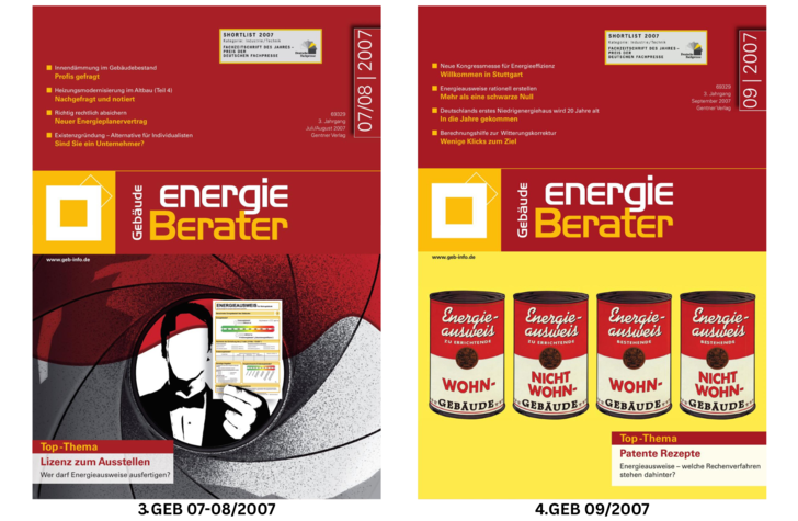 Zwei Titelseiten mit dem Titel "Gebäude Energie Berater" mit roten und gelben Akzenten und Artikeln.