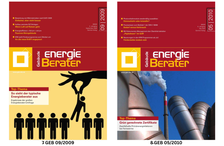 Zwei Titelseiten von Magazinen zum Thema Energie; links eine Hand, die eine Person auswählt, rechts rauchende Schornsteine.