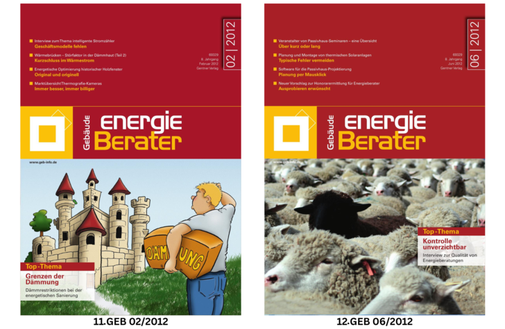 Zwei Zeitschriftencover nebeneinander; links ein Schloss und ein Mann mit Isolierung, rechts Schafe in einer Herde.