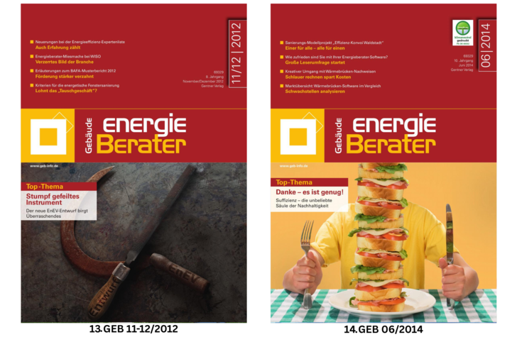 Zwei Magazincover: links ein Holzhammer, rechts ein großer gestapelter Burger mit verschiedenen Zutaten.