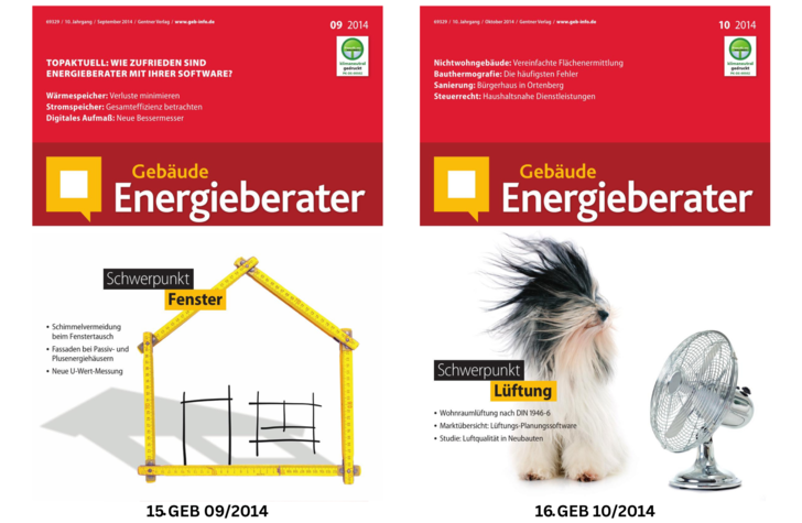 Zwei Titelseiten von Zeitschriften: eine mit einem Hausumriss und einem Fenster, die andere mit einem Ventilator, der einem Hund die Haare ausbläst.