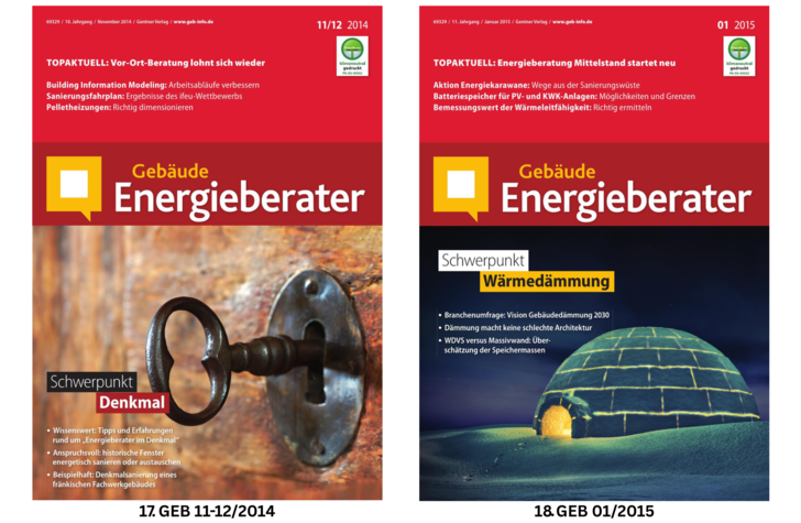 Nebeneinander liegende Titelseiten der "Gebäude Energieberater"-Ausgaben 11-12/2014 und 01/2015 mit Schwerpunktthemen.