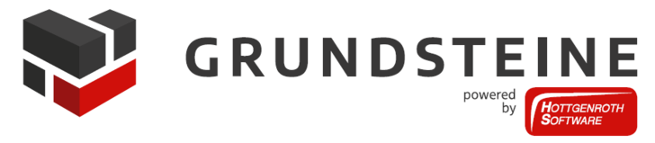 Logo mit schwarzen und roten Würfeln, Text "GRUNDSTEINE powered by Hottgenroth Software" auf weißem Hintergrund.