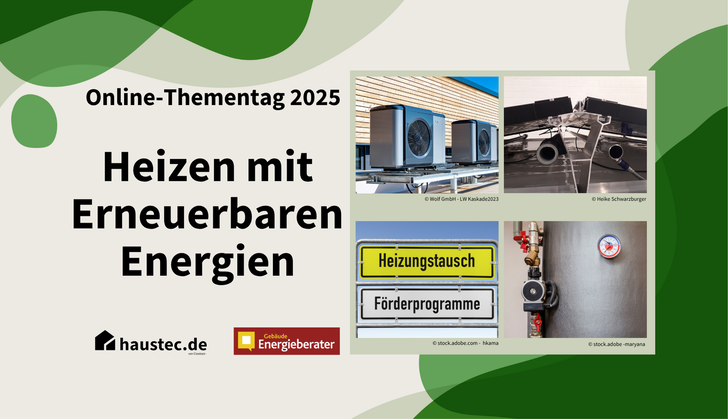 Online-Veranstaltung 2025 über das Heizen mit erneuerbaren Energien, Bilder von Wärmepumpen und Heizungsschildern.