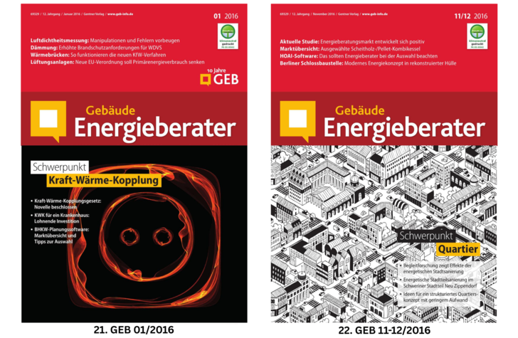 Zwei Titelseiten des Magazins "Gebäude Energieberater", die jeweils verschiedene Energiethemen in deutscher Sprache beleuchten.