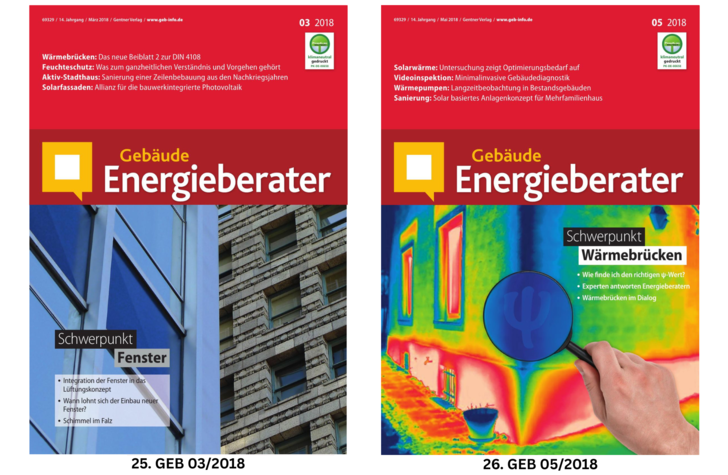 Zwei Titelseiten mit dem Titel "Gebäude Energieberater", eine mit einem Gebäudefoto, die andere mit einem Wärmebild.