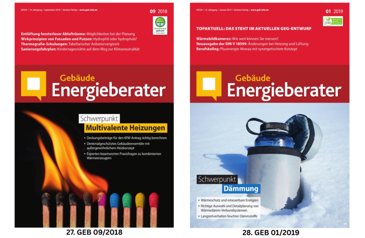 Zwei Titelseiten: eine mit bunten Streichhölzern, eine mit einer Thermoskanne im Schnee, beide mit dem Titel "Gebäude Energieberater".