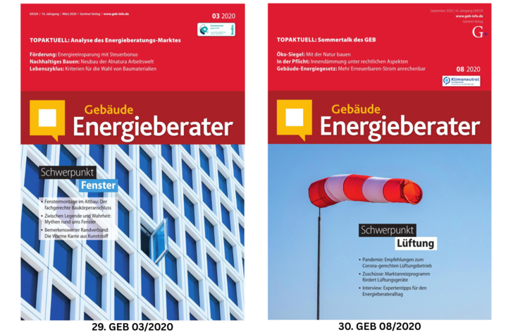 Zwei deutsche Zeitschriftencover: eines mit Gebäudefenstern, das andere mit einem Windsack vor blauem Himmel.