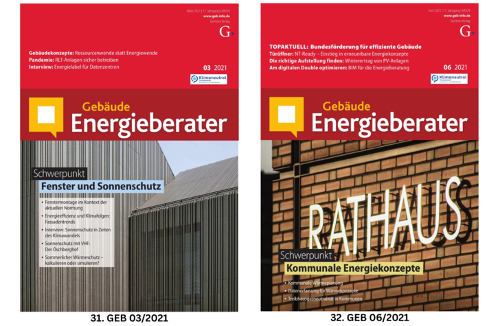 Zwei Titelseiten des Magazins "Gebäude Energieberater", die moderne Gebäude und Schwerpunktthemen zeigen.