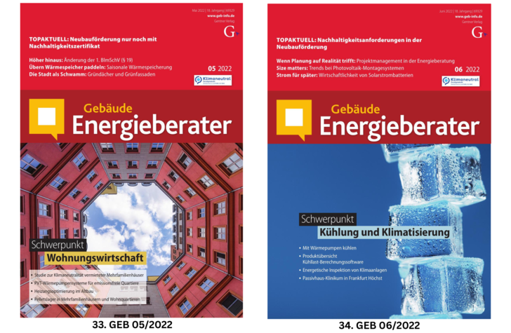 Zwei Titelseiten von Zeitschriften: eine zeigt einen roten Innenhof, die andere drei Eiswürfel auf blauem Hintergrund.
