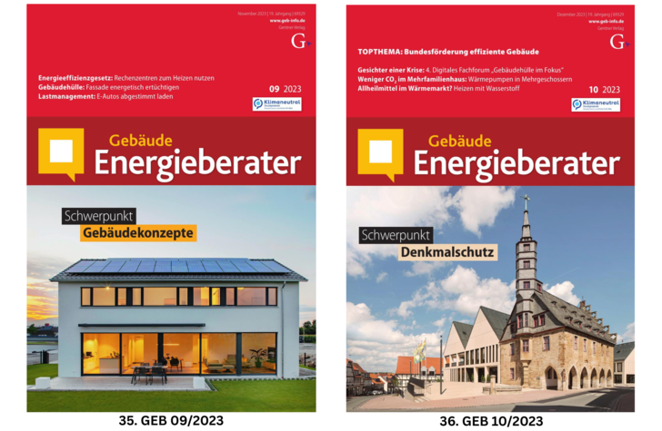 Zwei Titelseiten: eine zeigt ein modernes Haus mit Sonnenkollektoren, die andere ein altes Rathaus mit einem Uhrenturm.