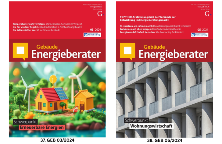 Zwei Titelseiten von Zeitschriften: eine mit einem Modellhaus und Windrädern, die andere mit einer Nahaufnahme eines modernen Gebäudes.