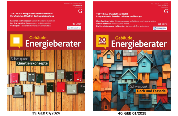 Titelblätter der Magazine "Gebäude Energieberater" mit bunten Hausfassaden und Ausgabedaten für 07/2024 und 01/2025.