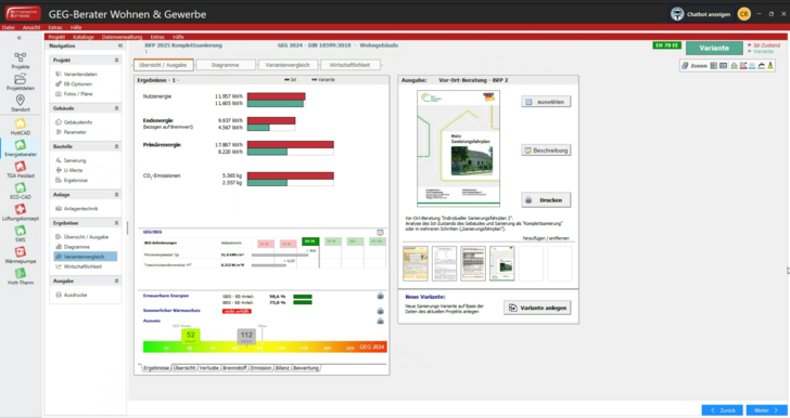 Übersicht/Ausgabe im Modul Energieberater innerhalb des GEG-Beraters