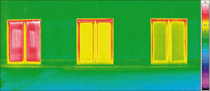 Links: unbeschichtetes, luftgefülltes 2-fach Isolierglas, Ug = 3,0 W/(m2K); Mitte: beschichtetes, argongefülltes 2-fach Wärmedämmglas Thermoplus S3, Ug = 1,1 W/(m2K); rechts: beschichtetes, argongefülltes 3-fach Wärmedämmglas Thermoplus III S3, Ug = 0,7 W/(m2K), alle mit stahlverstärkten Kunststoffprofilen vom Typ Kömmerling, EuroFutur Classic (Uf = 1,3 W/(m2K). Jeweils im linken Flügel herkömmliche Aluminiumabstandhalter und im rechten Flügel thermisch verbesserte Abstandhalter. - Flachglas MarkenKreis