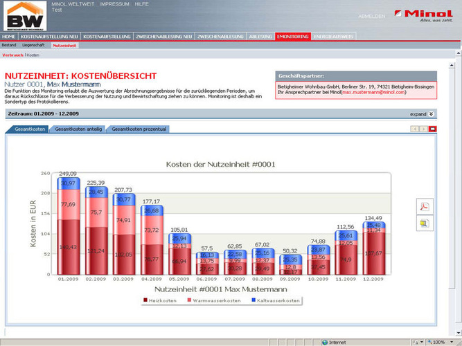 Im geschützten Internetportal von Minol können die Hausbewohner Verbrauchs- und Kostenanalysen für ihre Wohnung aufrufen. Das Schaubild zeigt exemplarisch, wie sich die Kosten für Heizung, Warmwasser und Kaltwasser anteilig zusammensetzen und wie sie sich im Laufe von zwölf Monaten entwickelt haben. - Minol - © Minol
