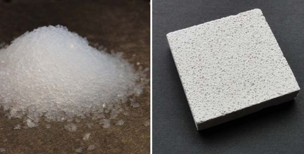 Aerogel als Hauptzutat des Putzes und ein Block des verarbeiteten Materials. - Empa