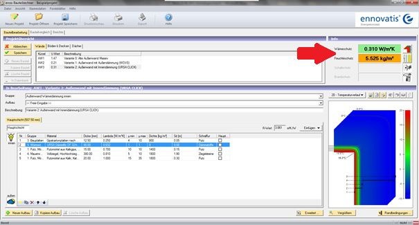 enno Bauteilrechner: Warnampel bei Nichteinhaltung der gesetzlichen Forderungen. - ennovatis Energiekonzept