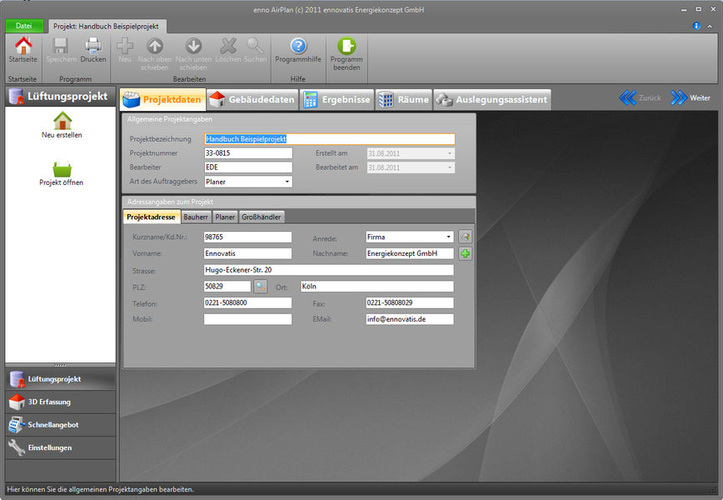 Projektdaten in enno AirPlan. - ennovatis Energiekonzept - © ennovatis Energiekonzept
