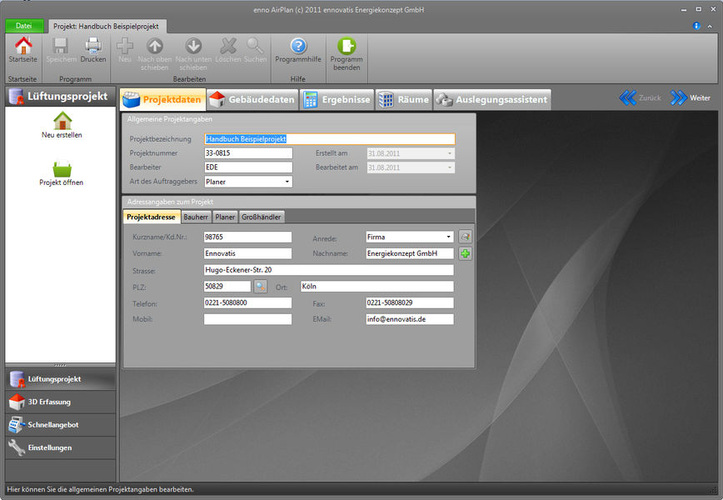 Projektdaten in enno AirPlan. - ennovatis Energiekonzept