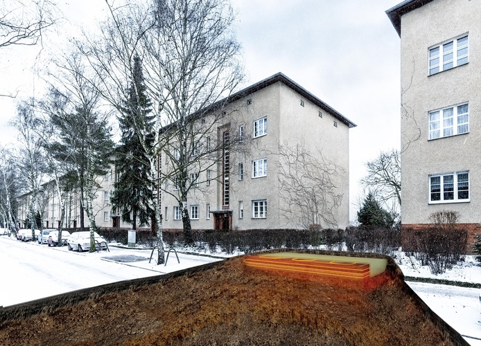 Die Gebäude der “Märkischen Scholle“, hier als Fotomontage mit dem geplanten Erdwärmespeicher. - eZeit Ingenieure