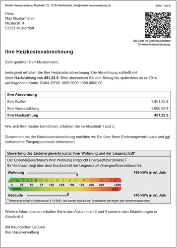 Deckblatt des Musters für eine informative und transparente Heizkostenabrechnung.