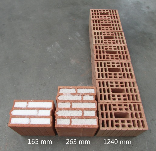 Gleicher Dämmwert: 165 mm dicke Mauer aus Aerobricks, 263 mm dicke Mauer aus Perlit-Ziegeln und eine 1240 mm dicke Mauer aus gewöhnlichen Ziegelsteinen. - Empa
