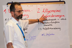 Professor Hermann Hütter bei der Entwicklung einer Organisationsstruktur. - © Qualitätsverbund Planer am Bau
Professor Hermann Hütter bei der Entwicklung einer Organisationsstruktur. - Qualitätsverbund Planer am Bau