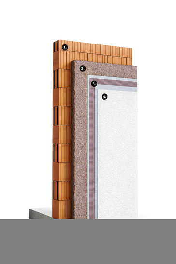 Systemaufbau für hoch dämmendes Ziegelmauerwerk, bestehend aus den drei Komponenten: 
 1. Hochwärmedämmendes Mauerwerk 
 2. Hochleistungs-Ziegelleichtputz 
 3. Armierungsmörtel mit Gewebeeinlage 
 4. mineralischer Oberputz (z. B. weber.star AquaBalance)