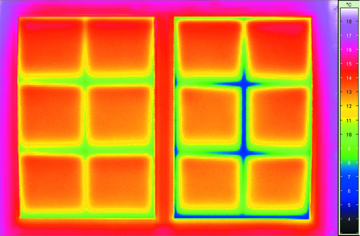 1  Die Wärmebildkamera macht die Unterschiede deutlich: Wärmedämmung am Glasrand mit hocheffizienten Kunststoff-Abstandhaltern (links) im Vergleich zu Aluminium-Abstandhaltern (rechts) - © Bild: Swisspacer
