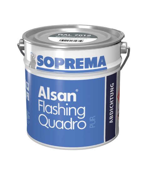 Für sichere Anschlusskonstruktionen: Der leistungsstarke Flüssigkunststoff Alsan Flashing quadro ist auch im System mit Soprema Bitumen- und Kunststoffbahnen wurzelfest geprüft. Das Harz ist nun in einem optimierten Gebinde verfügbar