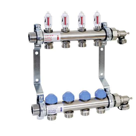 Der Heizkreisverteiler mit automatischer Durchflussregelung dient zum Verteilen, Absperren und Einregulieren des Heiz- bzw. Kühlwasserstroms von Flächenheizungen und -kühlungen gemäß DIN EN 1264-4. - © Bild: Watts Water Technologies
