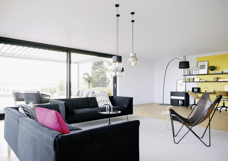 Große Schiebesysteme wie das neue Synego Slide von Rehau holen Licht und die Natur in den Wohnraum.