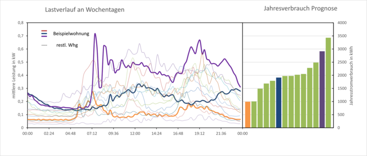 Der Jahresstromverbrauch war in den vermessenen Wohnungen unterschiedlich, aber immer unter 3500 kWh pro Jahr. Nur wenige lagen über 2000 kWh. ­Unterschiede ergaben sich durch Verbrauchsspitzen morgens und abends.