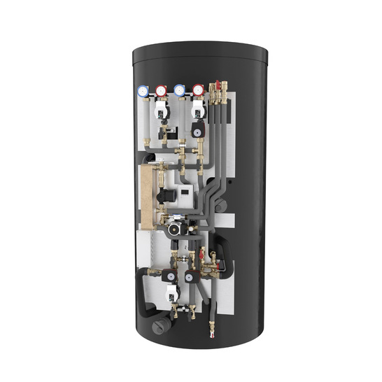 Geöffnet zeigt der Hydrauliktower des Schichtenpufferspeichers x-buffer flex, was in ihm steckt: Belade-, Hydraulikgruppe und Frischwasserstation.