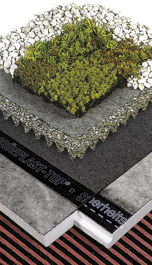 Ein Komplettpaket für den Dachdecker: Gründach-­Systemaufbau mit dem Icoflor-Begrünungssystem 
 Aufbau (von oben nach unten): 
 – Icoflor-Sprossensaat aus Sedum-Arten 
 – Icoflor-Erdsubstrat als Vegetationsschicht 
 – Icoflor-Vlies 
 – Icoflor-Systemaufbau mit Schutz-, Filter- und Wasserspeicherplatte (Oberlage Grünplast Top, Sicherheitsdämmbahn Grünplast-EPS und Dampfsperre Alu-Villatherm)