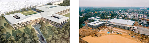 Bis sich die neue DFB-Zentrale im fertig geschneiderten Kleid zeigt, sind noch einige Arbeiten zu erledigen. Aktuell sind die Dachdecker am Wirken.