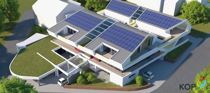 Wohnanlage in Weinstadt: Eine Sole-Wasser-Wärmepumpe, ein Eisspeicher und PVT-Kollektoren nutzen effizient Solarstrahlung und Umweltwärme.