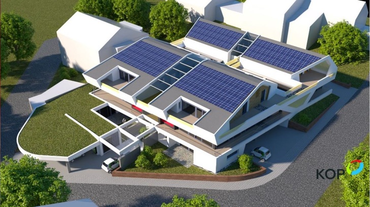 Wohnanlage in Weinstadt: Eine Sole-Wasser-Wärmepumpe, ein Eisspeicher und PVT-Kollektoren nutzen effizient Solarstrahlung und Umweltwärme.