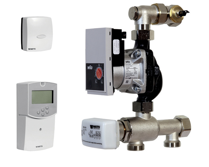 Die Regelstation Isomix-HC besteht aus einem Klimaregler, einem Mischventil mit 3-Punkt-Stellantrieb, einem Temperaturbegrenzer und einer Umwälzpumpe.