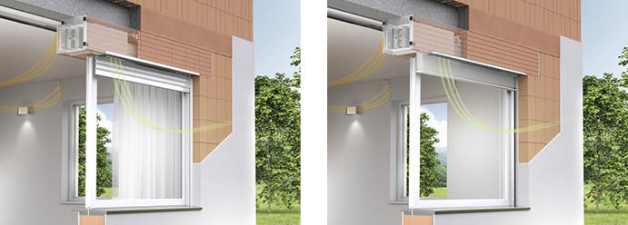 Sowohl bei der Rollladenlösung als auch der Variante für Jalousien ist das Airfox-Lüftungssystem nahezu unsichtbar seitlich im Ziegelkasten integriert.