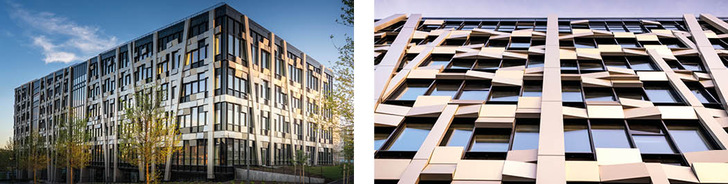 Markante Fassade aus rezykliertem Aluminium mit zwölf verschiedenen Glasaufbauten und Warmer Kante von Edgetech. Das Økern Portal ist eines der größten Entwicklungsprojekte, die jemals in Norwegen umgesetzt wurden. 