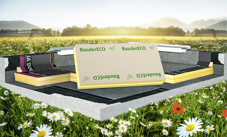 Nun gibt es bei Bauder auch die 125 mm schlanke biomassenbasierte Dämmplatte BauderECO in der WLS 024. - © Bild: Bauder

