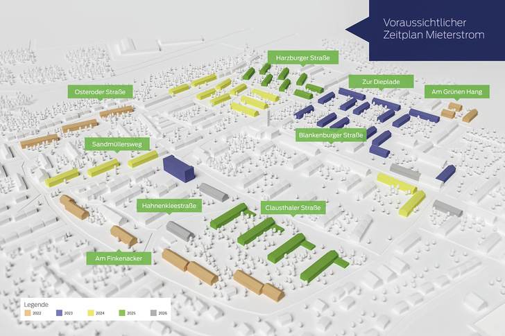 1  Das knapp 70 Jahre alte Wohnquartier in ­Duisburg-Ungelsheim gehört zu der emissions­reichsten Baualtersklasse der Düsseldorfer Rheinwohnungsbau GmbH. Mit einem Investitionsvolumen von 51 Millionen Euro soll die Siedlung bis 2045 klimaneutral werden – die CO₂ -Emissionen sollen bis dahin von heutigen 42 kg/m 2  Wohnfläche auf 0 bis 6 kg/m 2  Wohnfläche sinken. - © Bild: Rheinwonungsbau / Ampeers Energy
