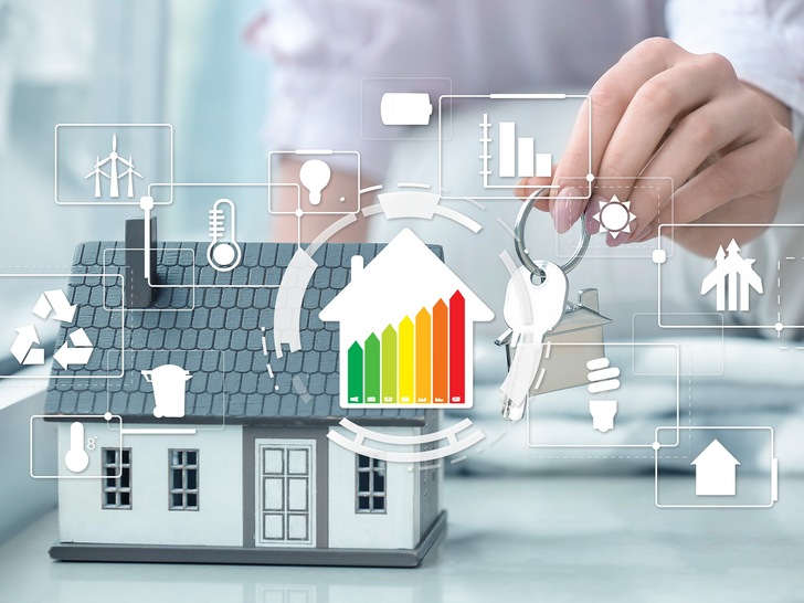 Hand of woman with key and model of house on windowsill. Concept of energy efficiency