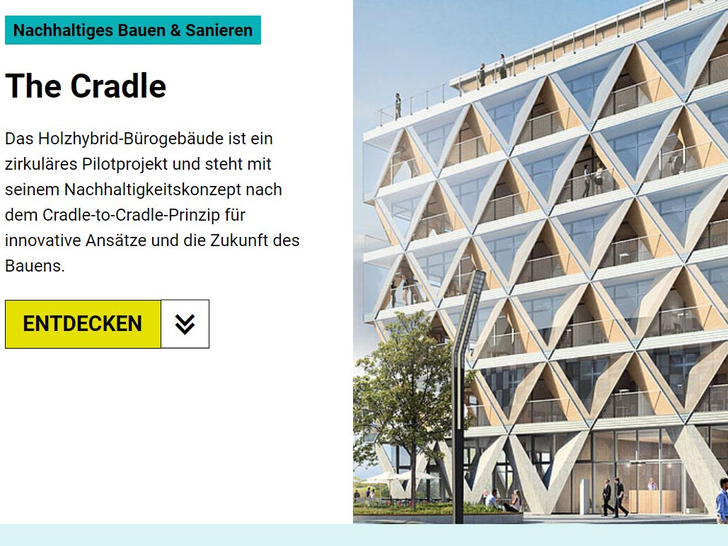 Im Düsseldorfer Medienhafen entsteht ein mehrstöckiges Bürogebäude in Holzhybridbauweise. In seinem neuen Schaufenster stellt es das Gebäudeforum-Portal als beispielhaftes Projekt für das Cradle-to-cradle-Prinzip vor. - © dena
