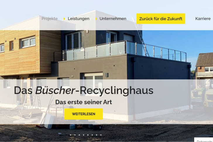 Auf seiner Internetseite informiert das mittelständische Unternehmen Betonwerk Büscher über sein Recyclinghaus.
